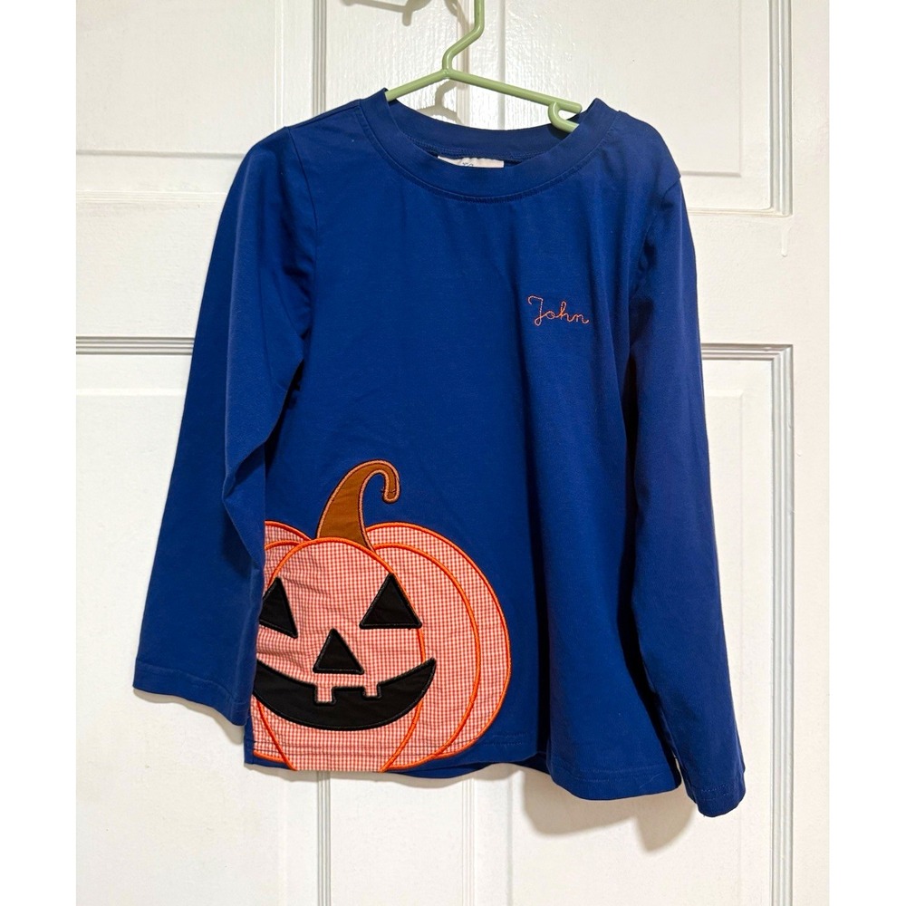 "John" Embroidered Halloween 6 Boys Blue Pumpkin Fall Long Sleeve Shirt